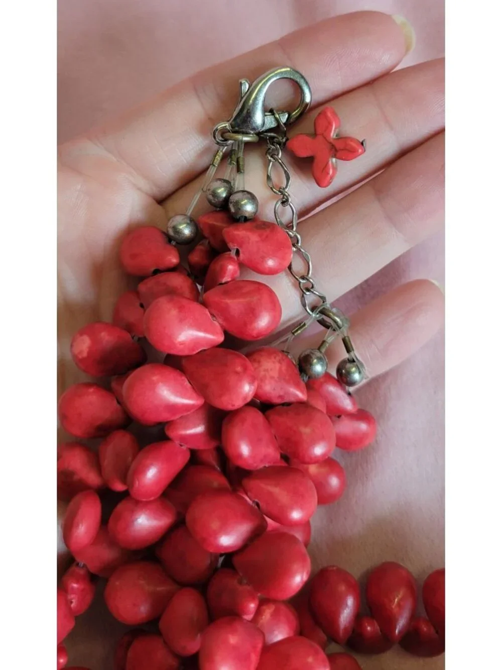 Heavy Red Dyed Faux Coral Look Layered Chunky Beaded Choker Style Necklace N1A